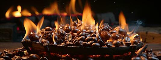 Roasted coffee beans in a ceramic bowl on a wooden background. AI Generative photo