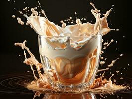 Cup of coffee, chocolate milk, caramel with milk splash on dark background, closeup. AI Generative photo