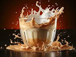 Cup of coffee, chocolate milk, caramel with milk splash on dark background, closeup. AI Generative photo