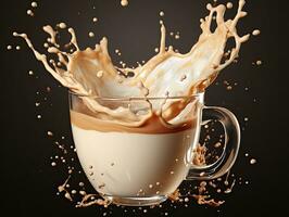 Cup of coffee, chocolate milk, caramel with milk splash on dark background, closeup. AI Generative photo