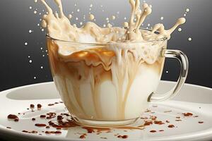 Cup of coffee, chocolate milk, caramel with milk splash on dark background, closeup. AI Generative photo