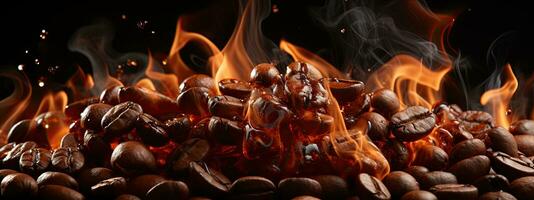 Roasted coffee beans in a ceramic bowl on a wooden background. AI Generative photo