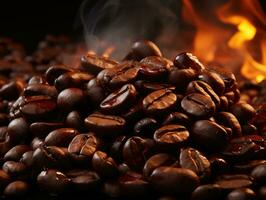 Roasted coffee beans in a ceramic bowl on a wooden background. AI Generative photo