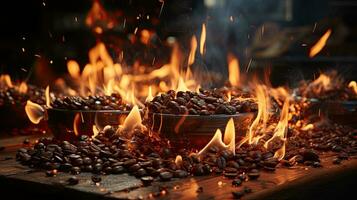 Roasted coffee beans in a ceramic bowl on a wooden background. AI Generative photo