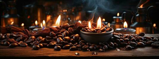 Roasted coffee beans in a ceramic bowl on a wooden background. AI Generative photo