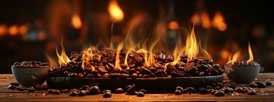 Roasted coffee beans in a ceramic bowl on a wooden background. AI Generative photo