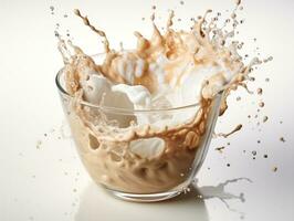 Cup of coffee, chocolate milk, caramel with milk splash on dark background, closeup.  AI Generative photo