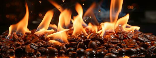 Roasted coffee beans in a ceramic bowl on a wooden background. AI Generative photo