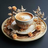 Coffee cup with latte art on a black background. AI Generative photo