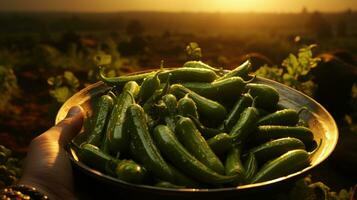 Farmer holding bowl with freshly harvested cucumbers on field, closeup. AI Generative photo