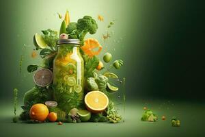 Fruit and vegetable juice in a bottle with flying fruits and vegetables. Detox Concept. AI Generative photo