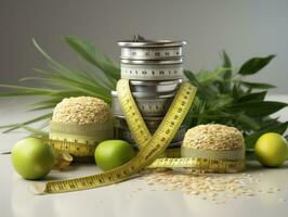 Diet concept. Green apple, leaves, oatmeal and tape measure, on black background.  AI Generative photo