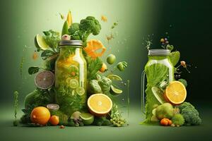 Fruit and vegetable juice in a bottle with flying fruits and vegetables. Detox Concept. AI Generative photo