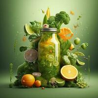 Fruit and vegetable juice in a bottle with flying fruits and vegetables. Detox Concept. AI Generative photo