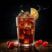 Cola with ice cubes and fresh berries on wooden table on dark background. AI Generative photo