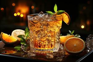 Cuba libre cocktail with ice, lemon and grapefruit on dark background. AI Generative photo