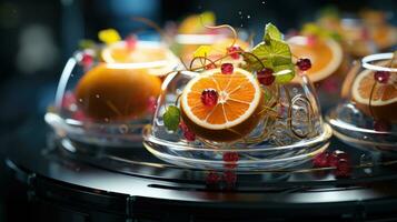 Close up of glass bowl with fruit and berries on black background. AI Generative photo