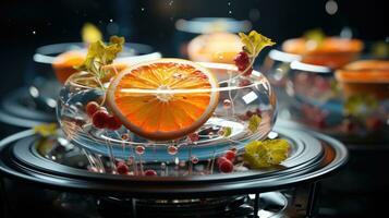 Close up of glass bowl with fruit and berries on black background. AI Generative photo