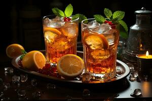 Cuba libre cocktail with ice, lemon and grapefruit on dark background. AI Generative photo
