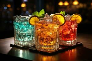 Cuba libre cocktail with ice, lemon and grapefruit on dark background. AI Generative photo