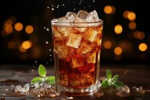 Cuba libre cocktail with ice, lemon and grapefruit on dark background. AI Generative photo