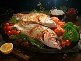 Fresh raw red mullet fish with herbs and vegetables on wooden background. AI Generative photo