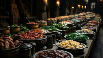 Traditional Turkish and Greek dinner appetizer table with meat and vegetables. AI Generative photo