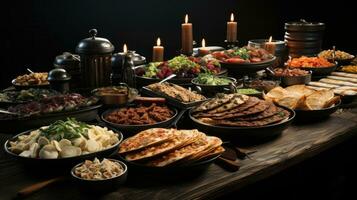 Traditional Turkish and Greek dinner appetizer table with meat and vegetables. AI Generative photo