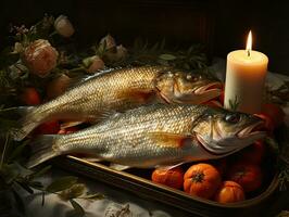 Fresh fish on a wooden tray with vegetables and a lit candle. AI Generative photo