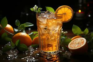 Cuba libre cocktail with ice, lemon and grapefruit on dark background. AI Generative photo