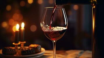 Pouring red wine from bottle into glass on a table in the romantic and luxury restaurant. burred background, closeup. AI Generative photo