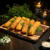 Fried fish fingers with sauce on a wooden board on a dark background. delicious fried cheese sticks with herbs on a black plate, vertical. AI Generative photo