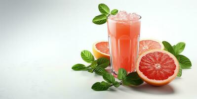 Grapefruit juice with mint leaves and grapefruit slices on white background. AI Generative photo