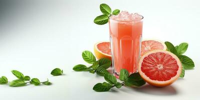 Grapefruit juice with mint leaves and grapefruit slices on white background. AI Generative photo