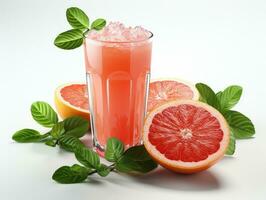 Grapefruit juice with mint leaves and grapefruit slices on white background. AI Generative photo