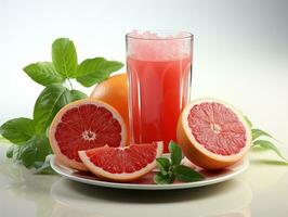 Grapefruit juice with mint leaves and grapefruit slices on white background. AI Generative photo