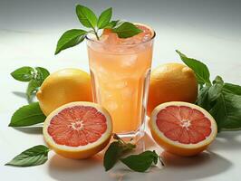 Grapefruit juice with mint leaves and grapefruit slices on white background. AI Generative photo