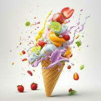 Colorful ice cream with fruits and splashes isolated on white background. AI Generative photo