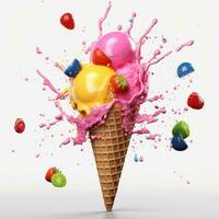 Colorful ice cream with fruits and splashes isolated on white background. AI Generative photo