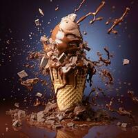 ice cream with chocolate and ice cream splash on a blue background. AI Generative photo