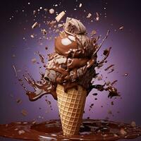 ice cream with chocolate and ice cream splash on a purple background. AI Generative photo