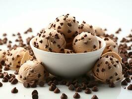 Chocolate ice cream balls with chocolate shavings on black background. AI Generative photo