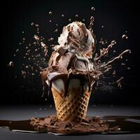 ice cream with chocolate and ice cream splash on a black background. AI Generative photo