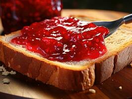 Strawberry jam on toast bread. Shallow dof. AI Generative photo