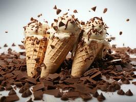 Chocolate ice cream balls with chocolate shavings on black background. AI Generative photo