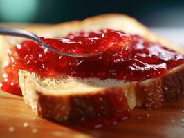 Strawberry jam on toast bread. Shallow dof. AI Generative photo