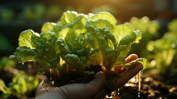 Close-up of male hands holding fresh organic green salad, lettuce in soil. AI Generative photo