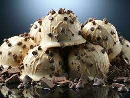 Chocolate ice cream balls with chocolate shavings on blue background. AI Generative photo