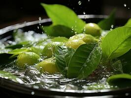 Fresh limes with water splashes on black background, closeup. AI Generative photo