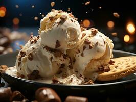 Chocolate ice cream balls with chocolate shavings on black background. AI Generative photo